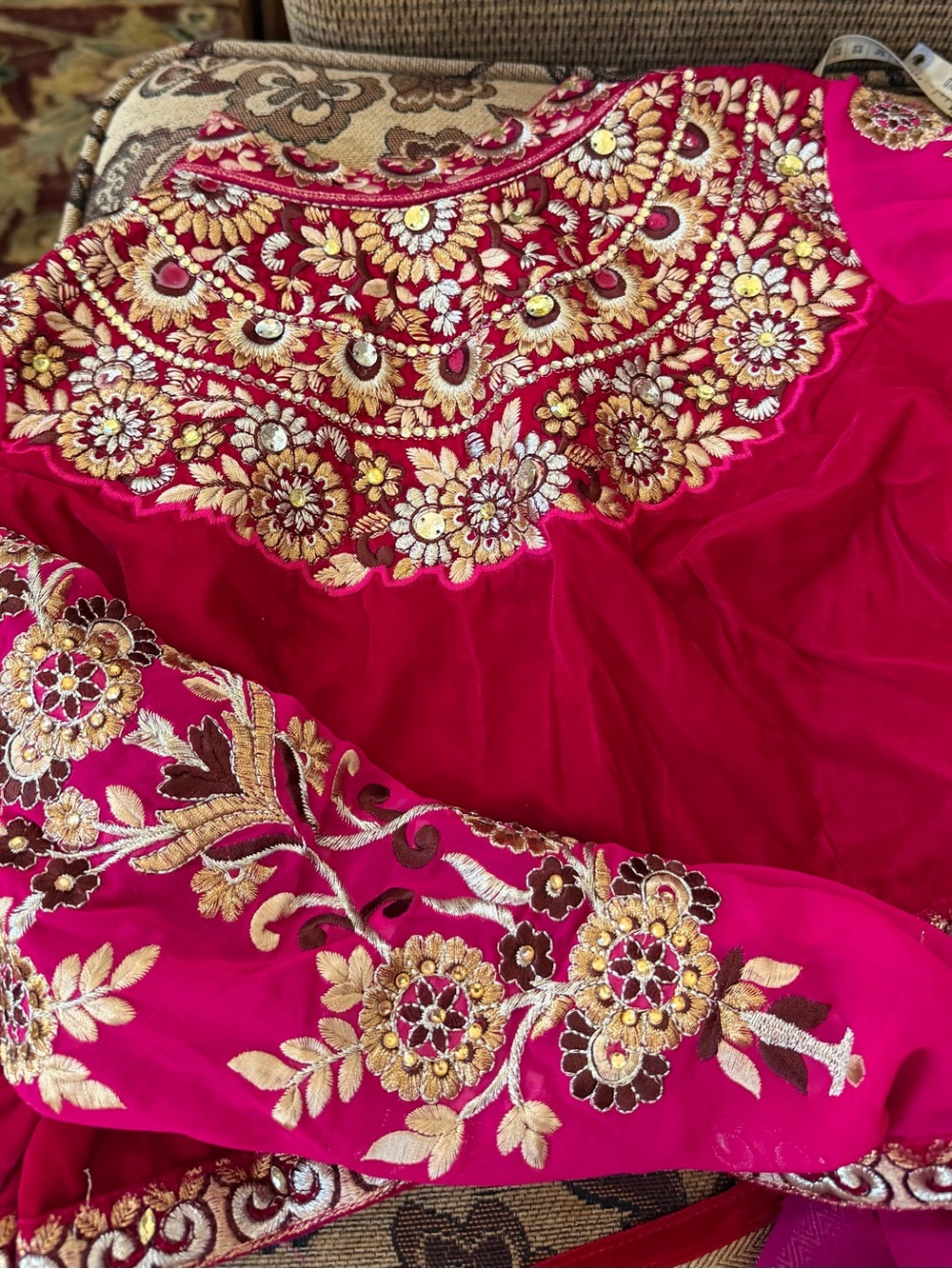 Embroidered Fuchsia Women's Dress Top with Gold Floral Detail